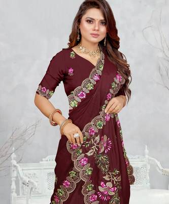brown color star georgette embroidered sarees 4