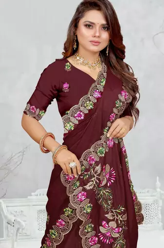 brown color star georgette embroidered sarees