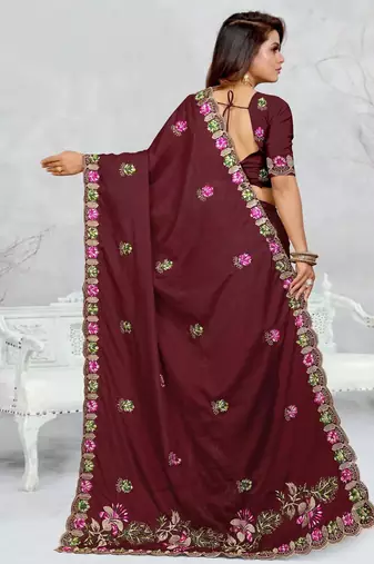brown color star georgette embroidered sarees