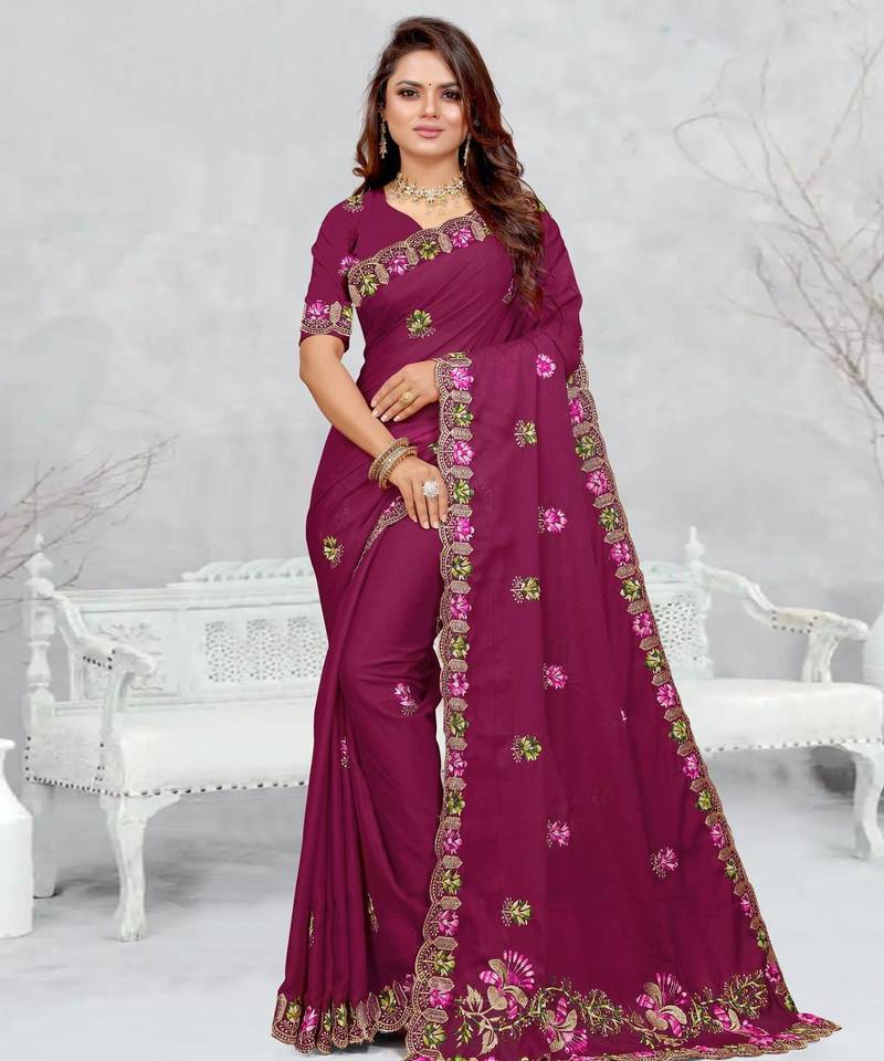 light purple color star georgette embroidered sarees