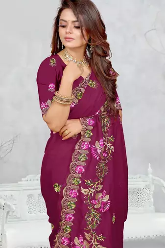 light purple color star georgette embroidered sarees