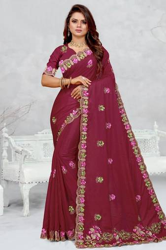 light maroon color star georgette embroidered sarees