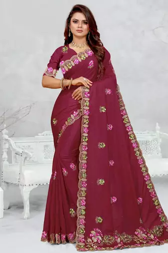 light maroon color star georgette embroidered sarees