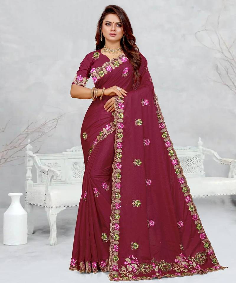 light maroon color star georgette embroidered sarees