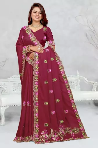 light maroon color star georgette embroidered sarees