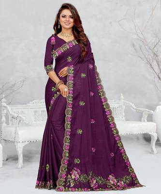 purple color star georgette embroidered sarees 1