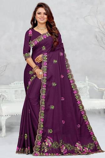 purple color star georgette embroidered sarees