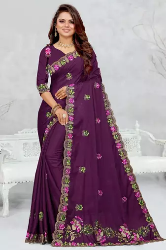 purple color star georgette embroidered sarees