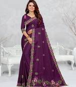 purple color star georgette embroidered sarees