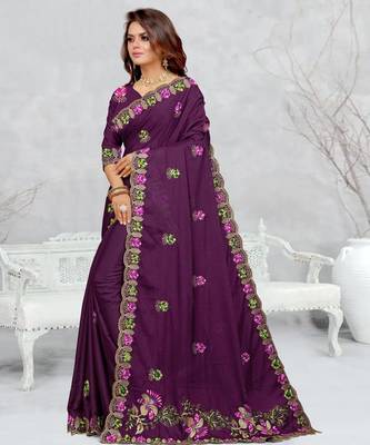 purple color star georgette embroidered sarees 2