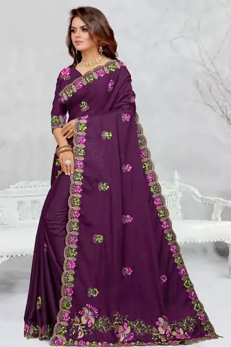 purple color star georgette embroidered sarees