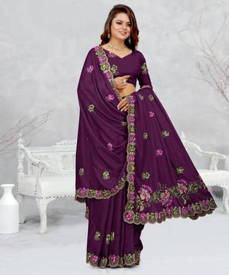 purple color star georgette embroidered sarees 3
