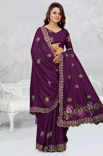 purple color star georgette embroidered sarees