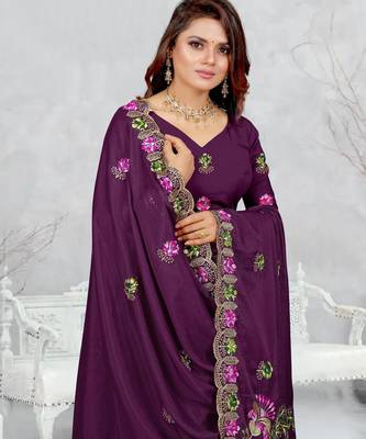 purple color star georgette embroidered sarees 4