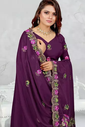 purple color star georgette embroidered sarees