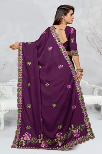 purple color star georgette embroidered sarees