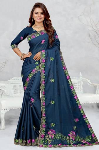 teal blue color star georgette embroidered sarees