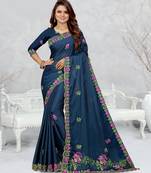 teal blue color star georgette embroidered sarees