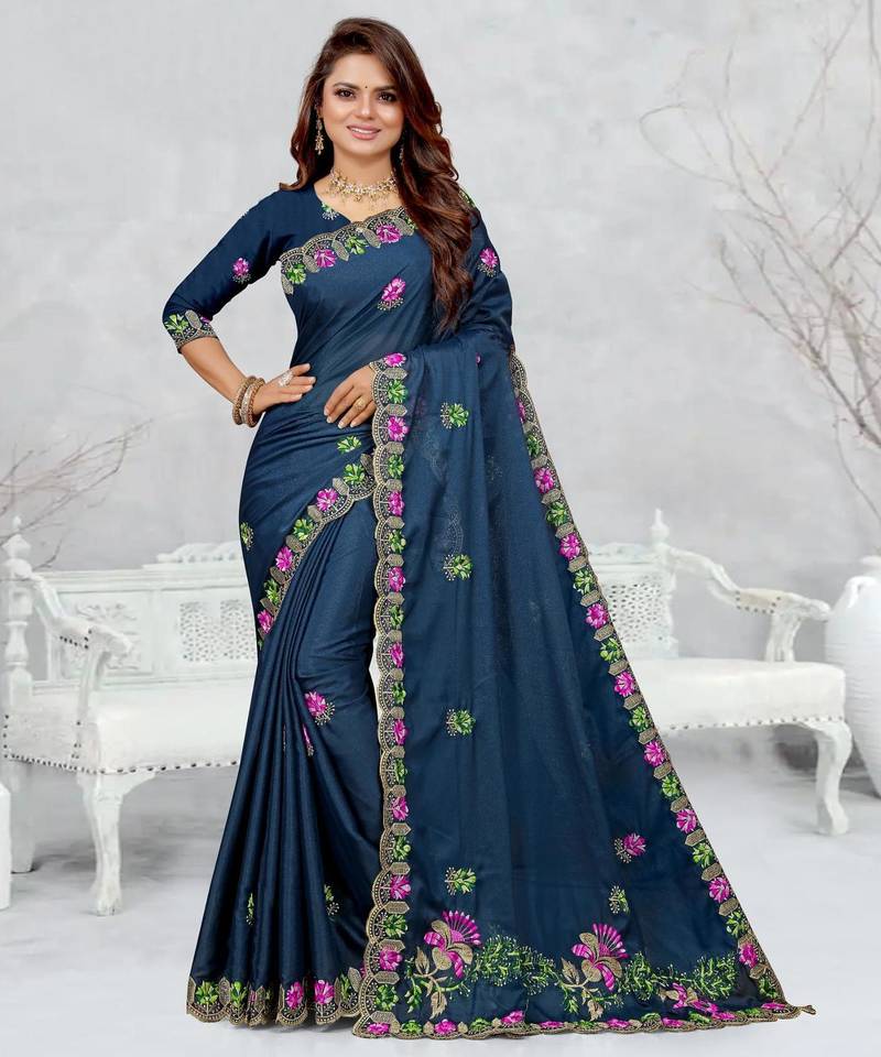 teal blue color star georgette embroidered sarees