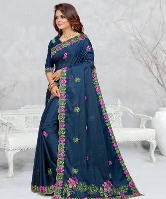 teal blue color star georgette embroidered sarees 2