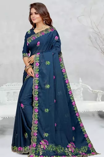 teal blue color star georgette embroidered sarees