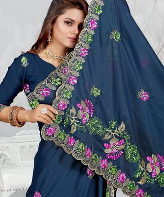 teal blue color star georgette embroidered sarees 3
