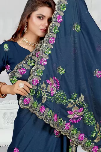 teal blue color star georgette embroidered sarees