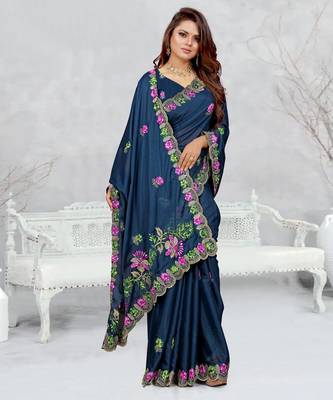 teal blue color star georgette embroidered sarees 4