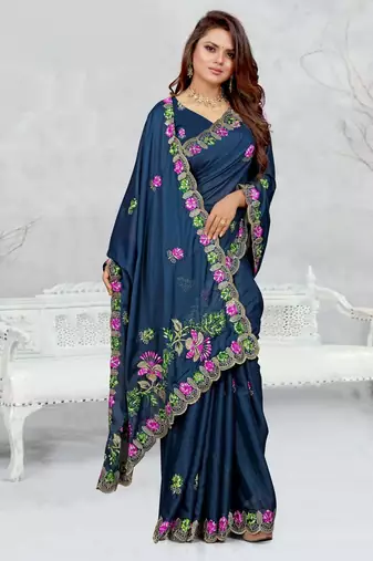 teal blue color star georgette embroidered sarees