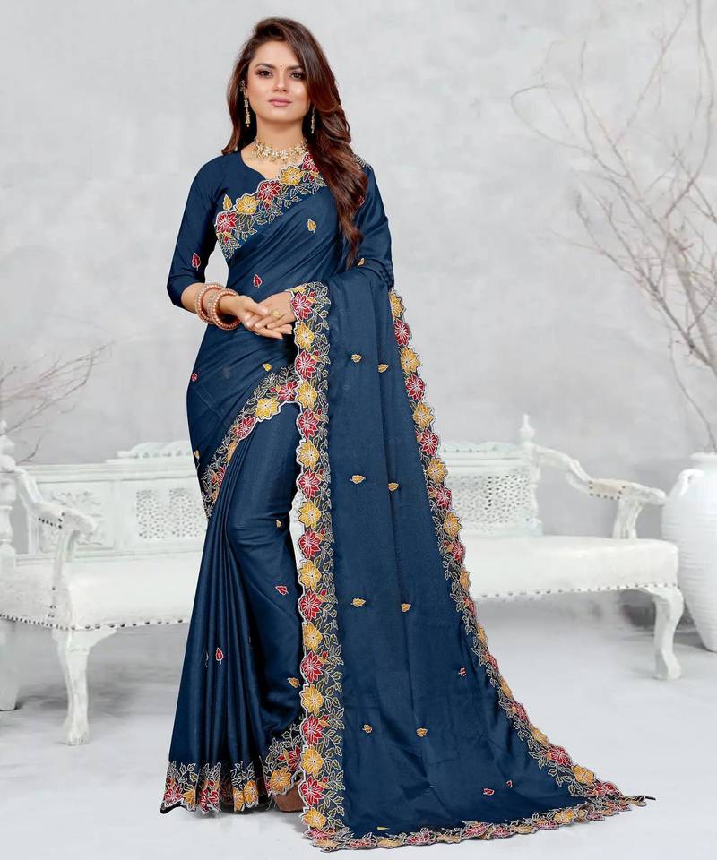  blue color star georgette embroidered sarees