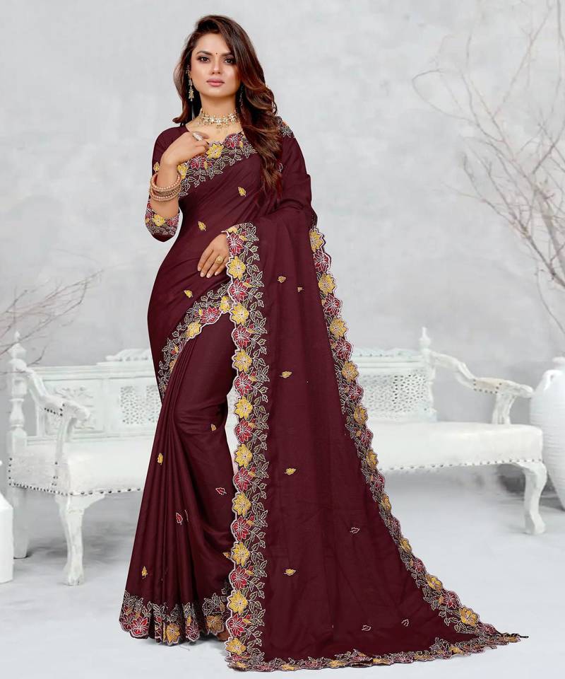  brown color star georgette embroidered sarees