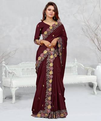  brown color star georgette embroidered sarees 3