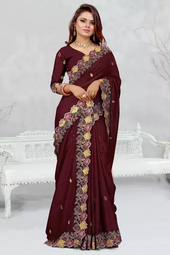 brown color star georgette embroidered sarees