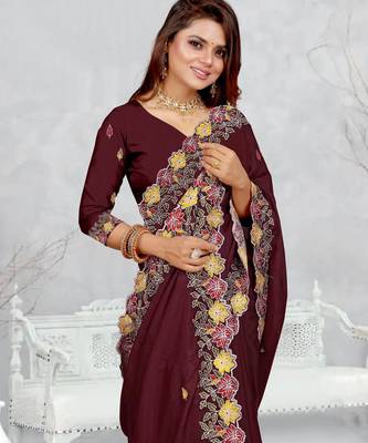  brown color star georgette embroidered sarees 4
