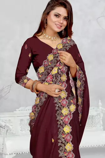  brown color star georgette embroidered sarees