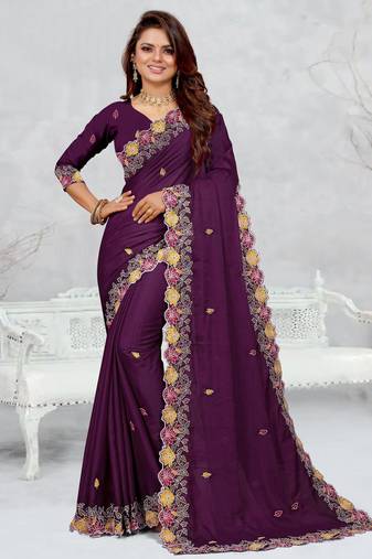   purple color star georgette embroidered sarees