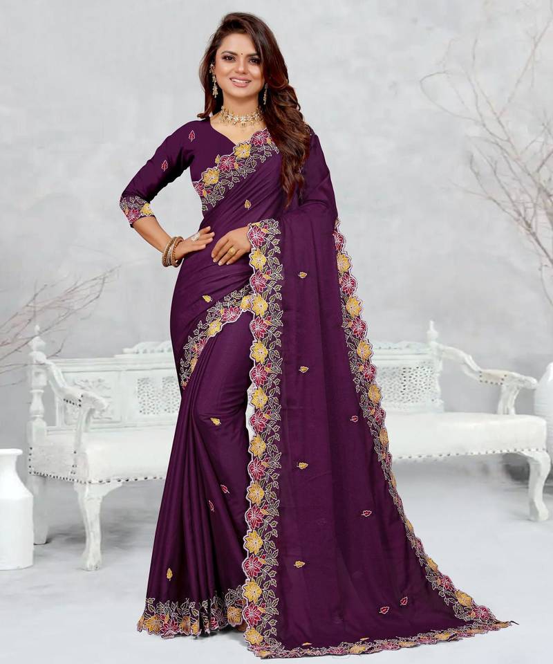   purple color star georgette embroidered sarees