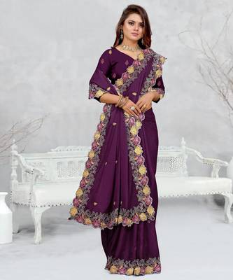   purple color star georgette embroidered sarees 3
