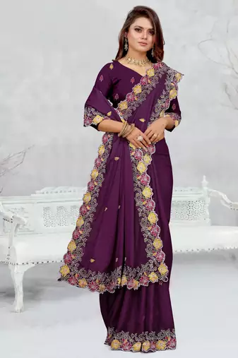   purple color star georgette embroidered sarees