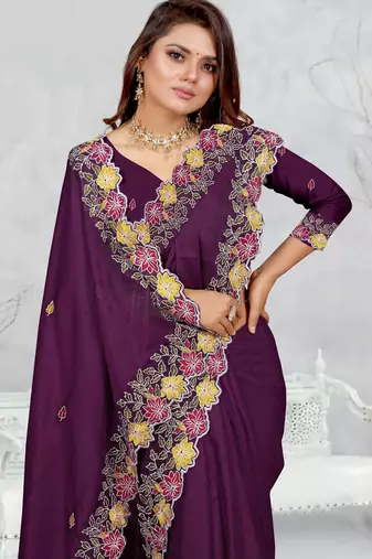   purple color star georgette embroidered sarees