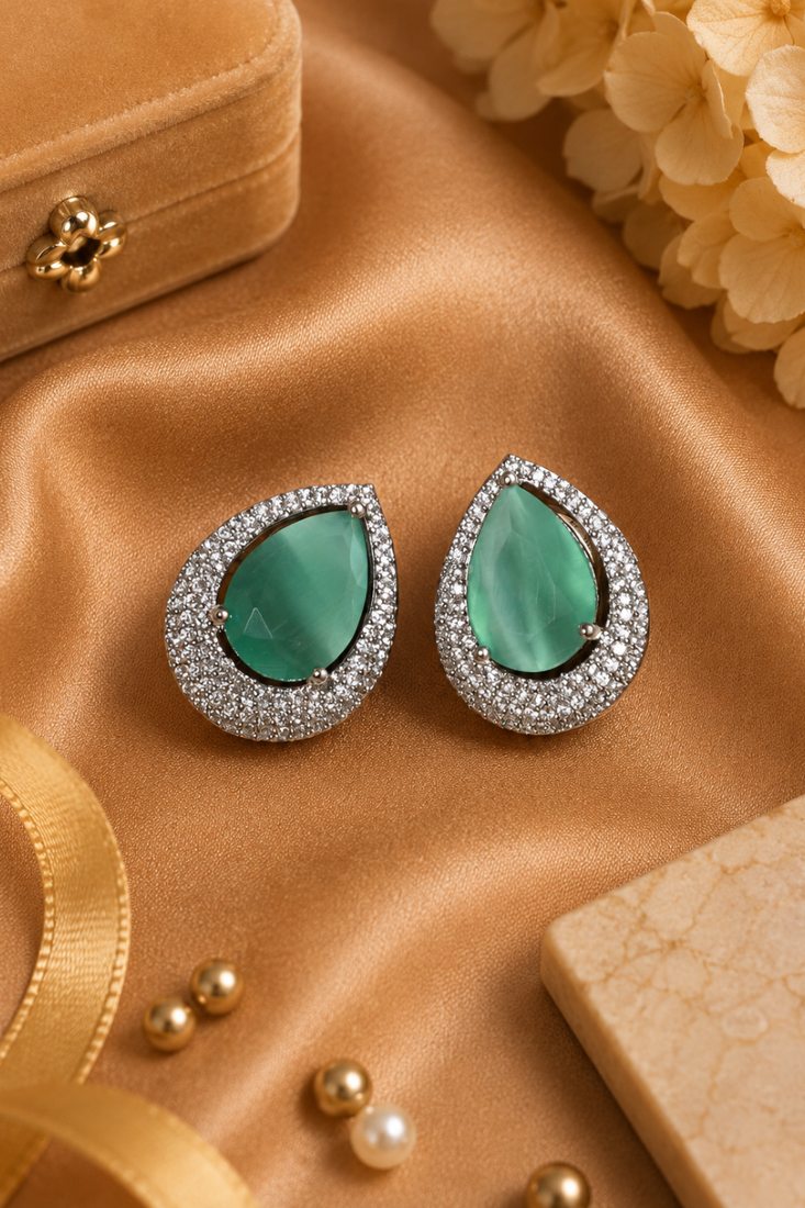 Rhodium finish serenity green halo earrings
