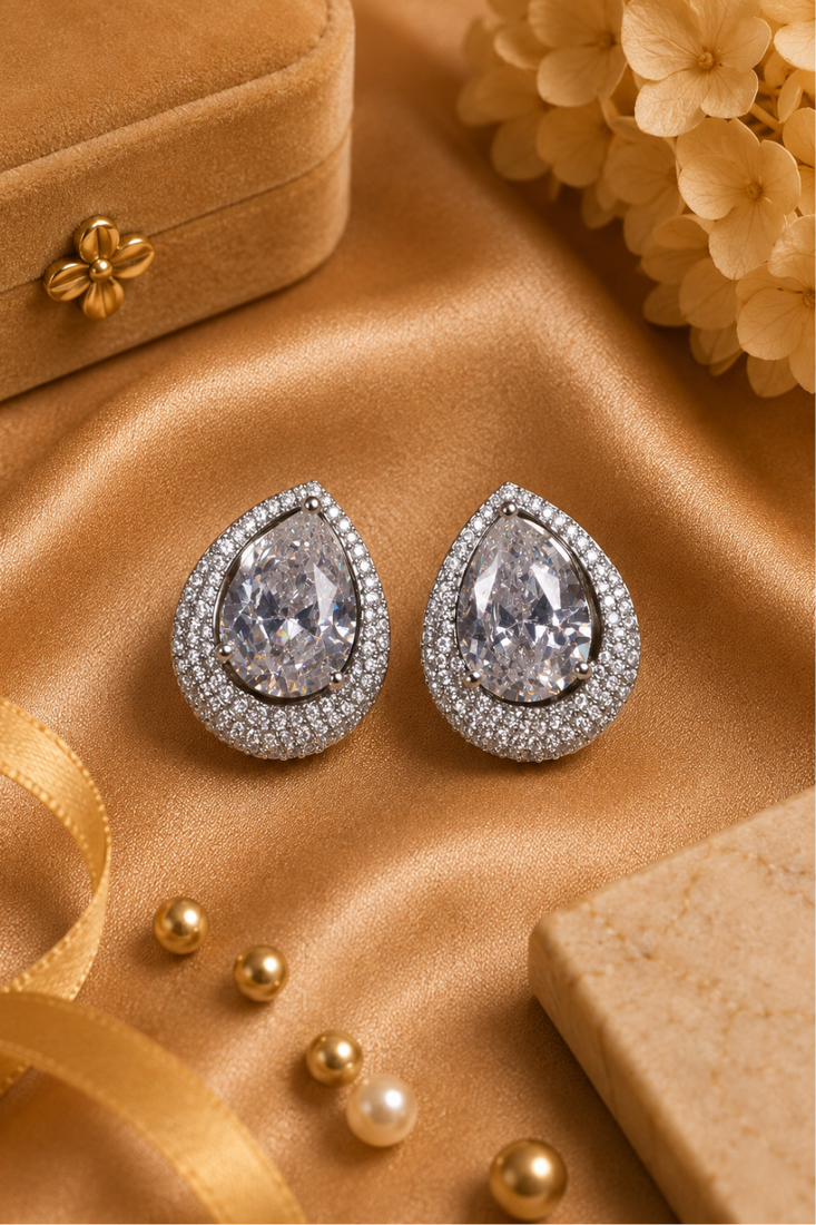 Rhodium finish crystal elegance halo earrings