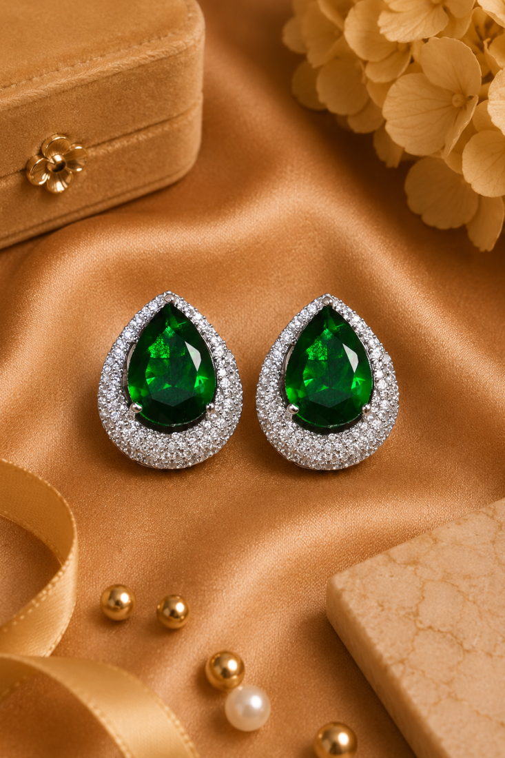 Rhodium finish emerald aura crystal earrings