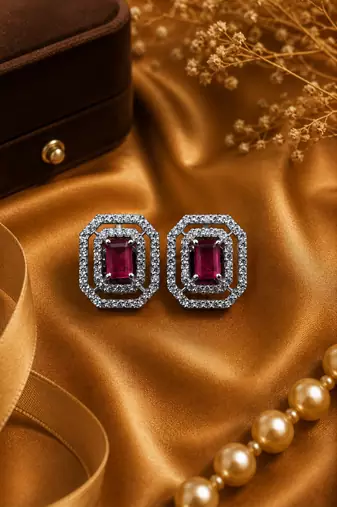 Rhodium finish royal ruby octagon studs
