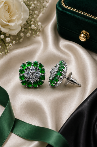 Rhodium Finish Emerald Bloom Studs