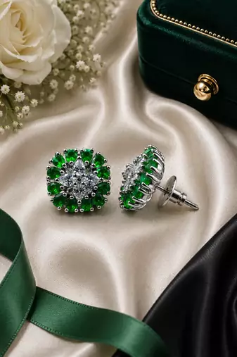 Rhodium Finish Emerald Bloom Studs
