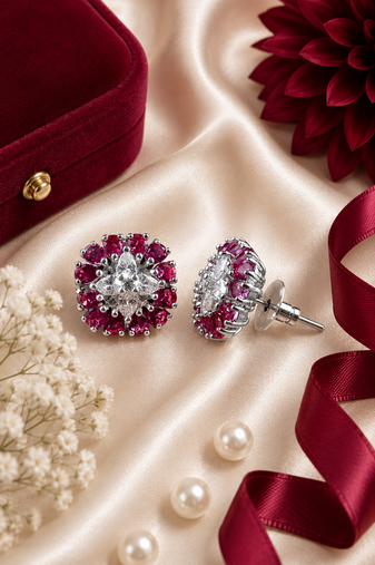 Rhodium finish ruby blossom studs