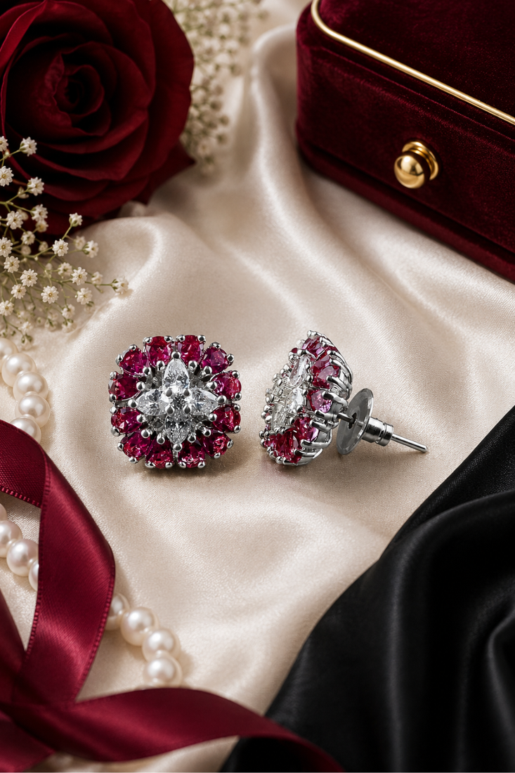 Rhodium finish ruby blossom studs