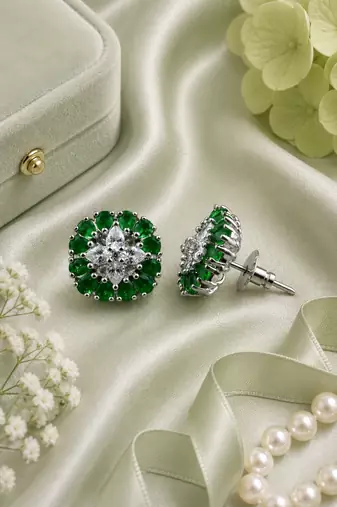 Rhodium Finish Emerald Bloom Studs