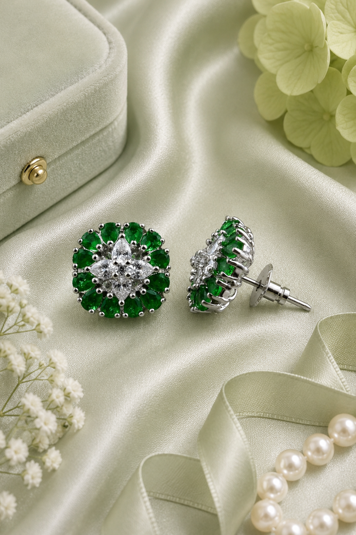 Rhodium Finish Emerald Bloom Studs